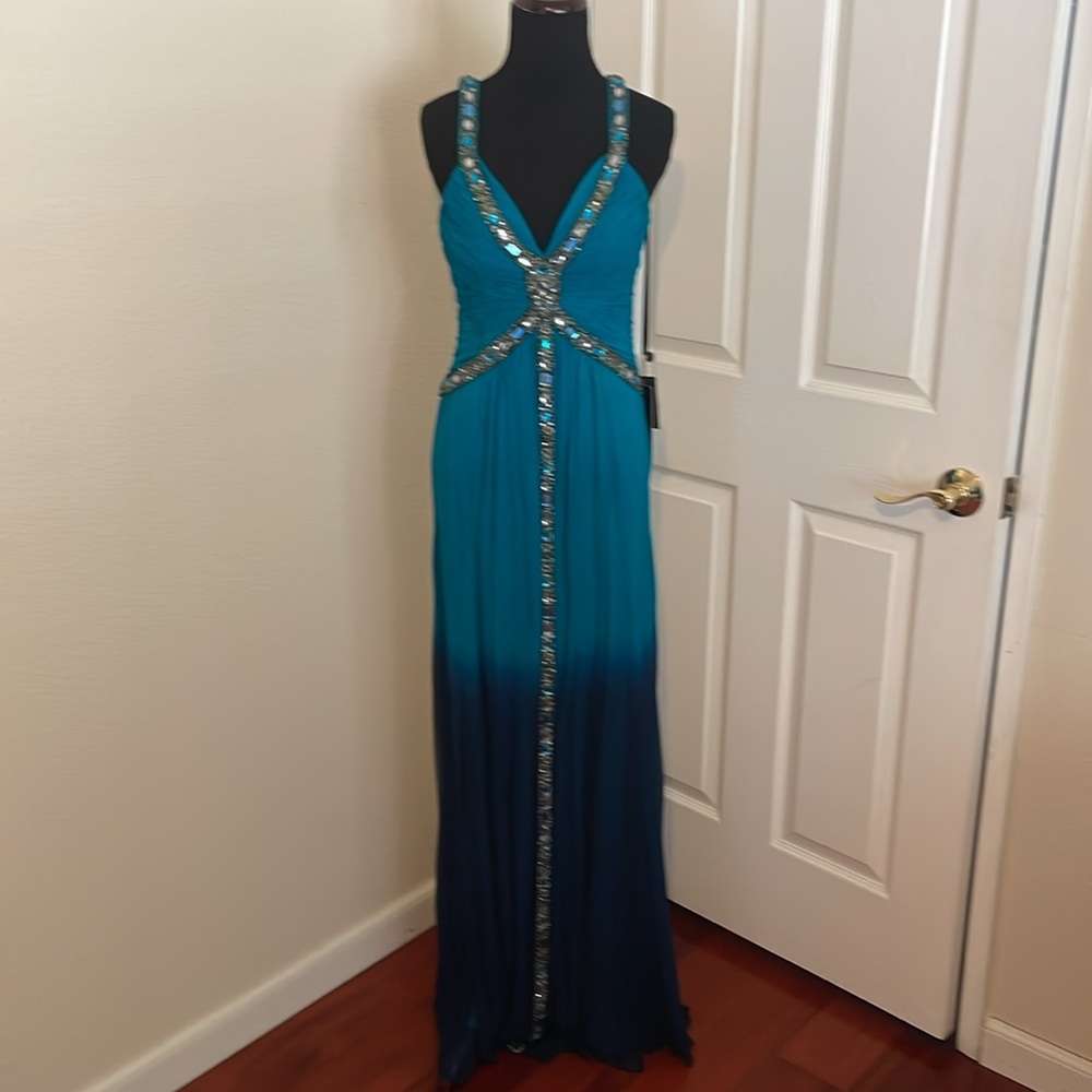 New Sue Wong Turquoise Jade / Navy Silk Goddess Gown with Jewel Accents